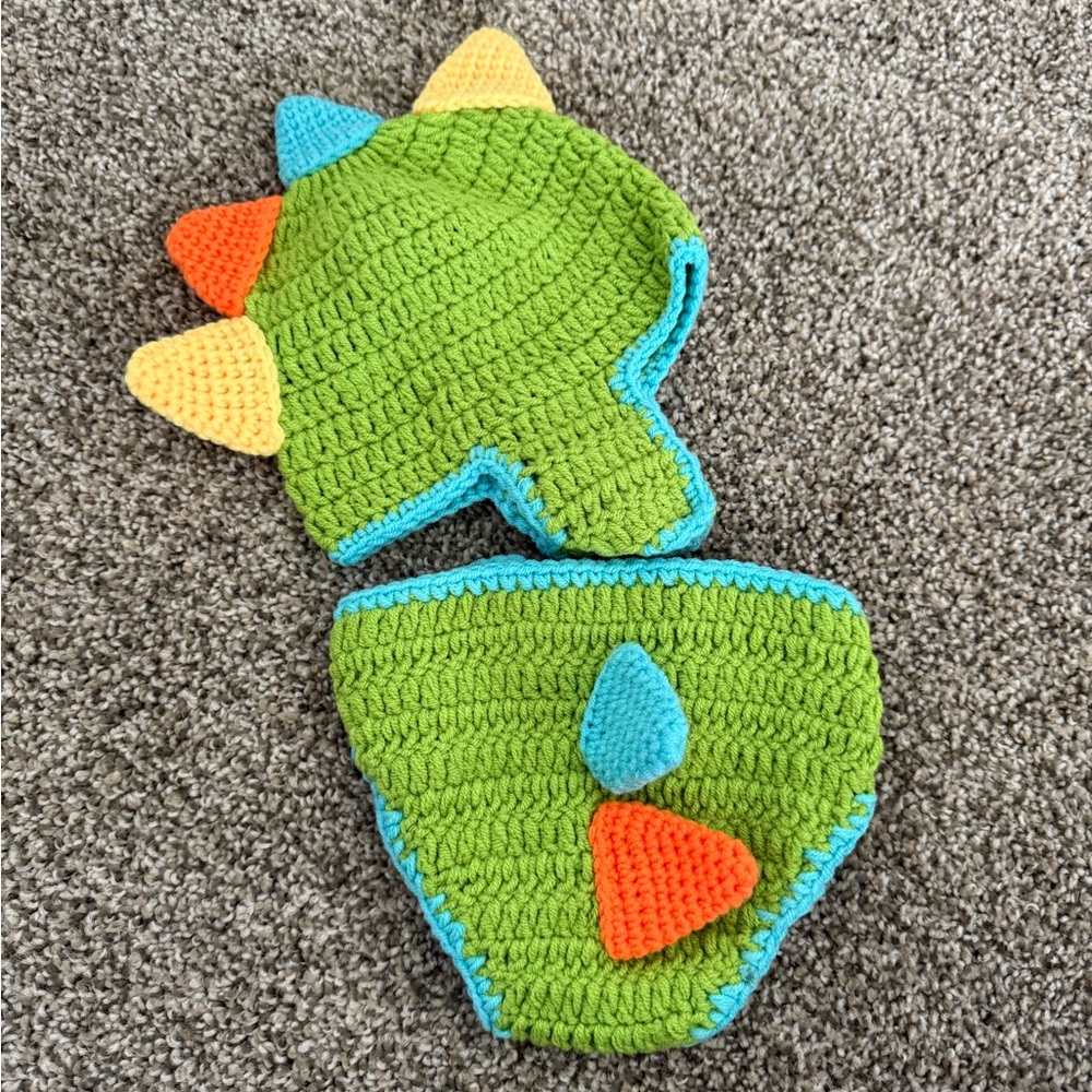 Dinosaur-Themed Green and Orange Kids Hat and Diaper Cover Set
